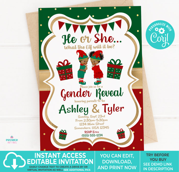 What the Elf Christmas Gender Reveal Invitation Brown Tone