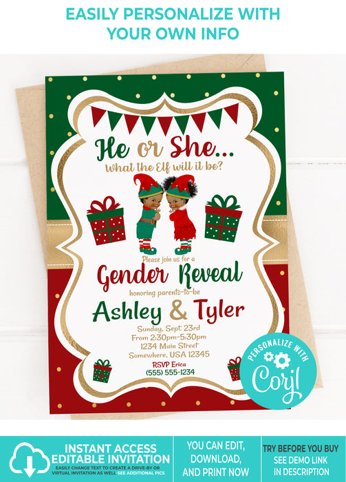 Editable Instant Access/Download What the Elf Christmas Gender Reveal Invitation Brown Tone 2-GR051