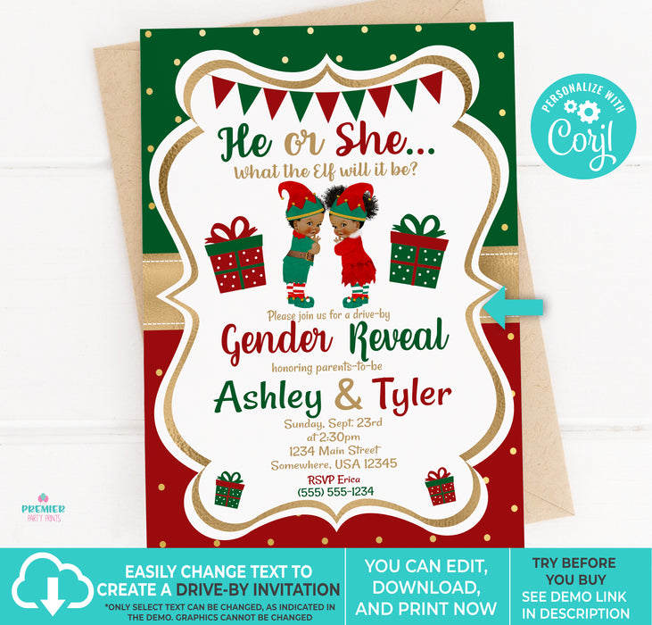 Editable Instant Access/Download What the Elf Christmas Gender Reveal Invitation Brown Tone 2-GR051