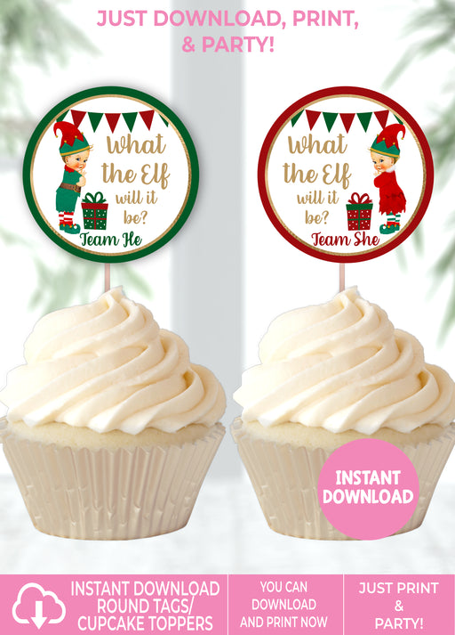What the Elf Christmas/Winter Gender Reveal 2in Round Tags/Cupcake Toppers Light Tone Blond