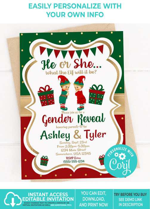Editable Instant Access/Download What the Elf Christmas Gender Reveal Invitation Light Tone Blond-GR054