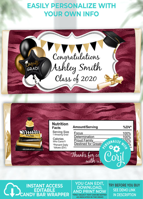 Maroon/Burgundy & Silver (Colors Cannot Be Changed) Graduation Candy Bar Wrapper
