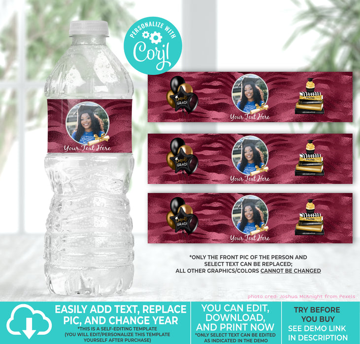 Maroon/Burgundy & Silver (Colors Cannot Be Changed) Graduation Water Bottle Label