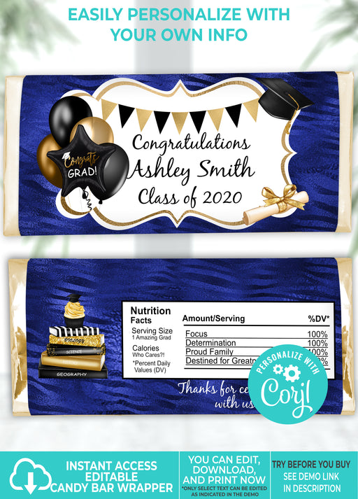 Navy & Gold (Colors Cannot Be Changed) Graduation Candy Bar Wrapper