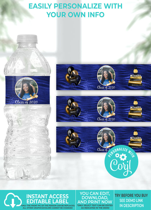 Navy Blue & Gold (Colors Cannot Be Changed) Graduation Water Bottle Label