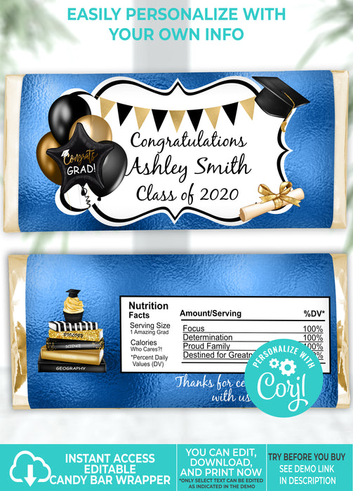Royal Blue (Colors Cannot Be Changed) Graduation Candy Bar Wrapper