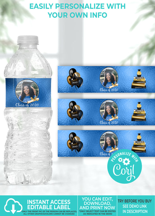  Royal Blue (Colors Cannot Be Changed) Graduation Water Bottle Label