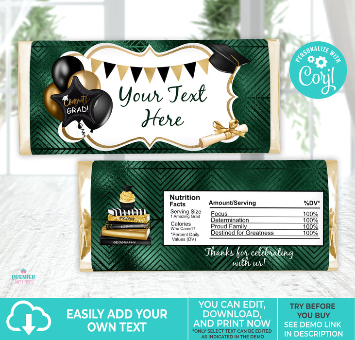 Forest Green & Gold (Colors Cannot Be Changed) Graduation Candy Bar Wrapper