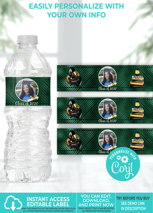 Forest Green & Gold (Colors Cannot Be Changed) Graduation Water Bottle Label