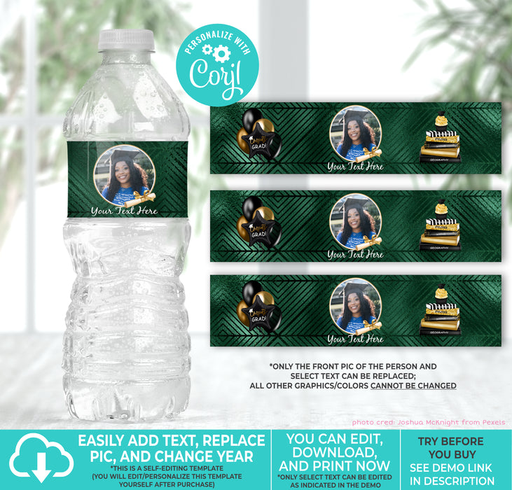 Forest Green & Gold (Colors Cannot Be Changed) Graduation Water Bottle Label