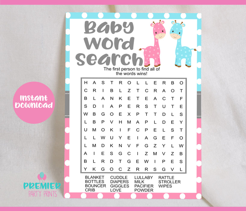 Giraffe Baby Word Search Gender Reveal Game