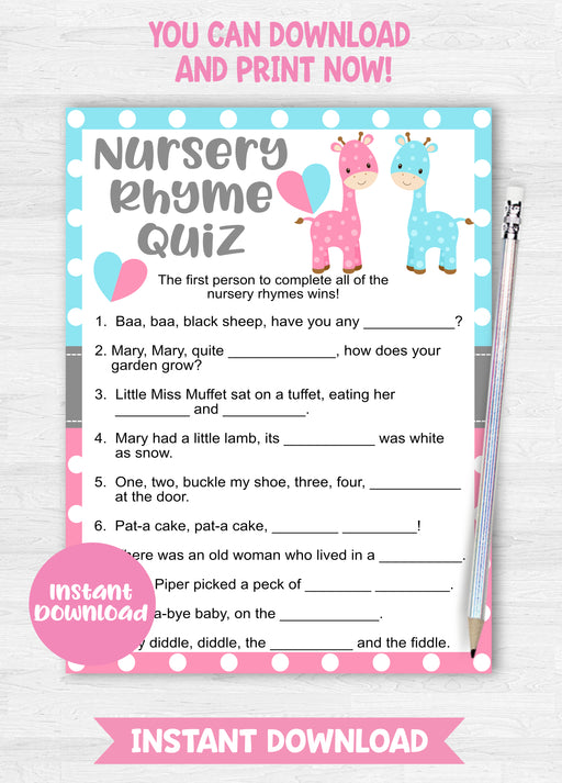 Printable Giraffe Nursery Rhyme Quiz Gender Reveal Game