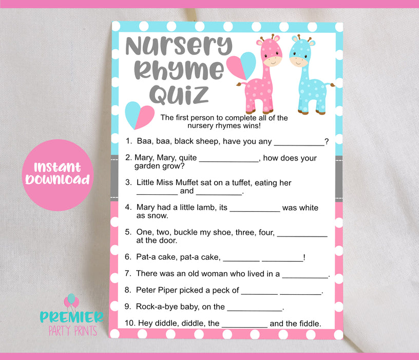 Printable Giraffe Nursery Rhyme Quiz Gender Reveal Game
