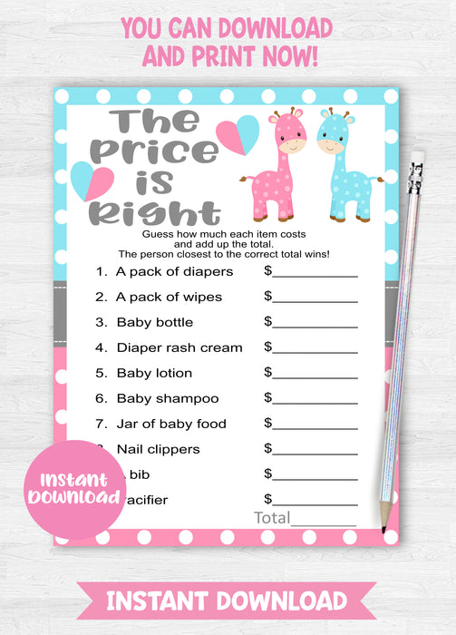 Printable Giraffe The Price is Right Gender Reveal Game