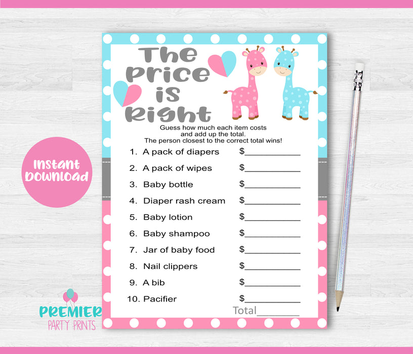 Printable Giraffe The Price is Right Gender Reveal Game