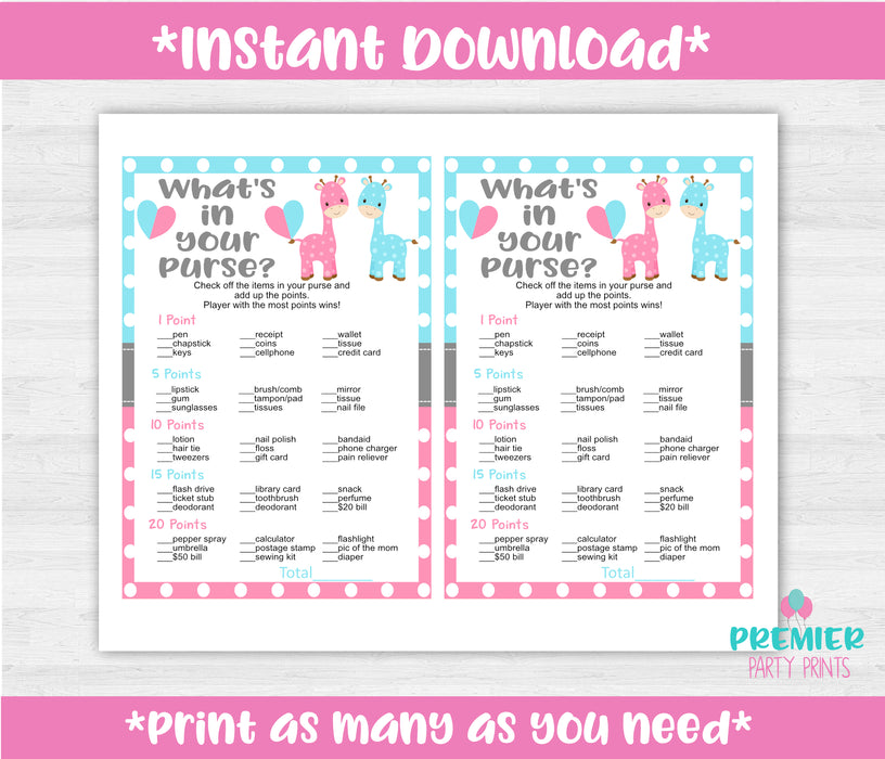 Printable Giraffe What's in Your Purse Gender Reveal Game