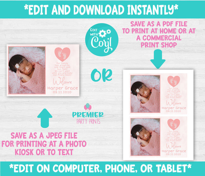 Editable Instant Access/Download Girl Birth Announcement-GBA001