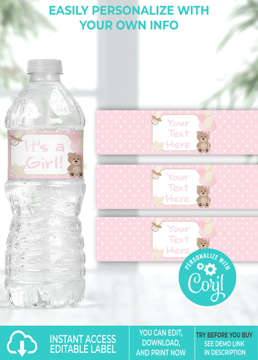 Girl Teddy Bear Baby Shower Water Bottle Label