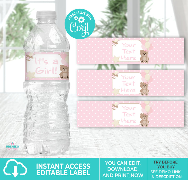 Pink Teddy Bear Printable Baby Shower Water Bottle Label