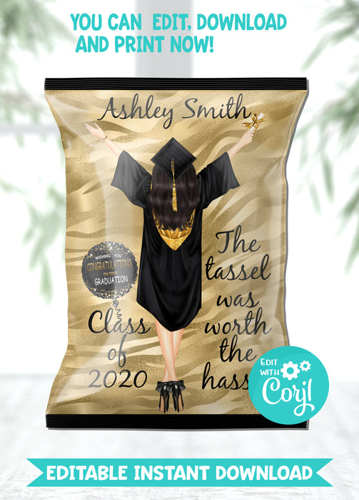 Editable Instant Access/Download Black & Gold Graduation Chip Bag Light Tone w/Black Hair Version 2