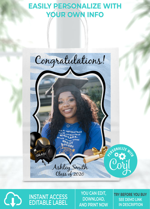 Editable Instant Access/Download Blue & White Graduation 5x8 Gift Bag Label w/Pic