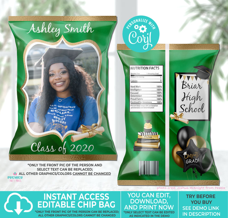 Gold & Green (Colors Cannot Be Changed) Graduation Chip Bag