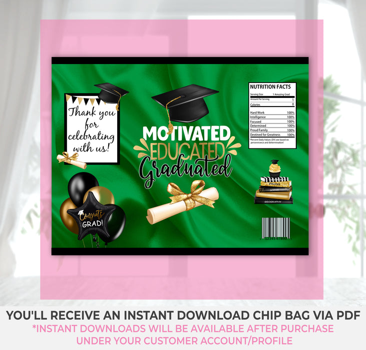  Black & Green (Sold As-Is, Cannot Be Personalized) Graduation Chip Bag instructions