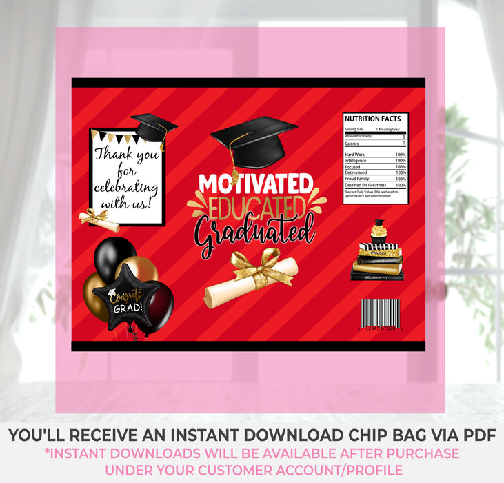 Instant Download Black & Red (Sold As-Is, Cannot Be Personalized) Graduation Chip Bag-GRAD028