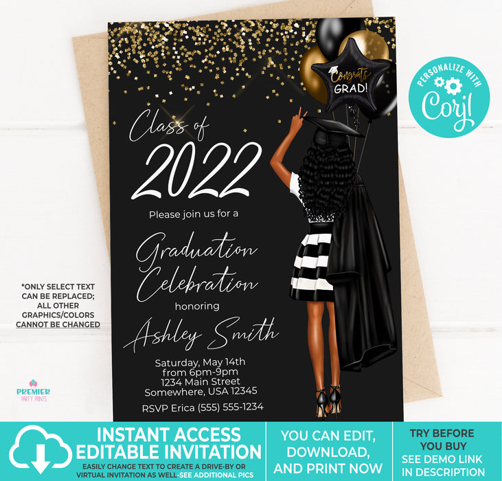 Printable Black & Gold Graduation Invitation