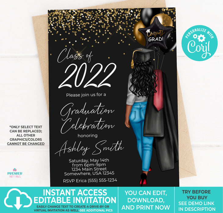 Black & Gold w/Red Graduation Invitation