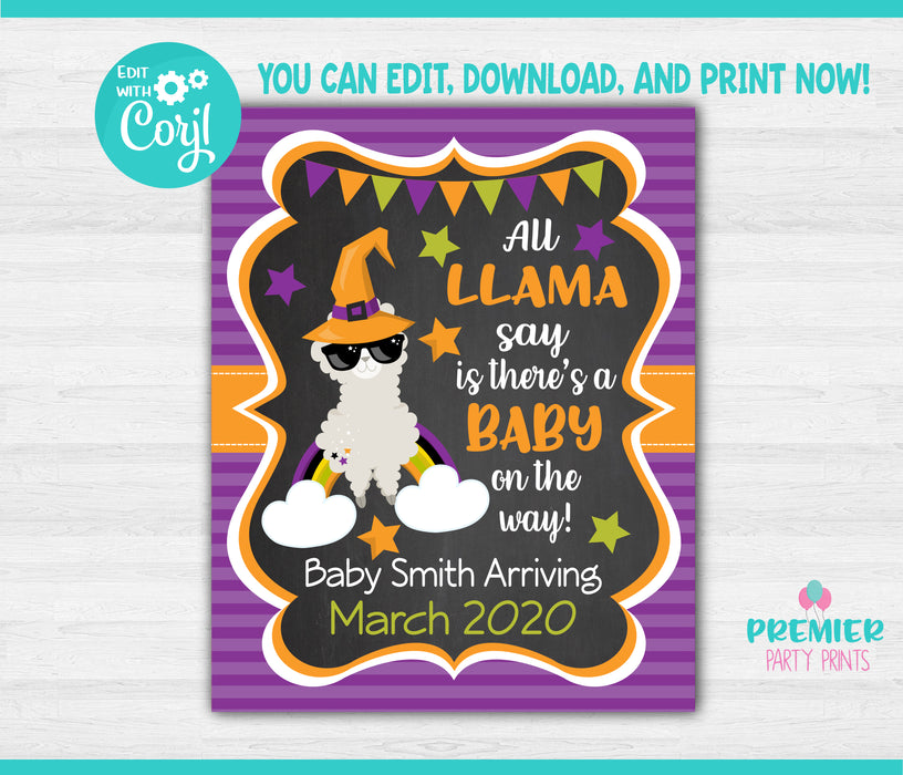Editable Instant Access/Download Halloween Llama Pregnancy Announcement Sign 8x10-HWPA002