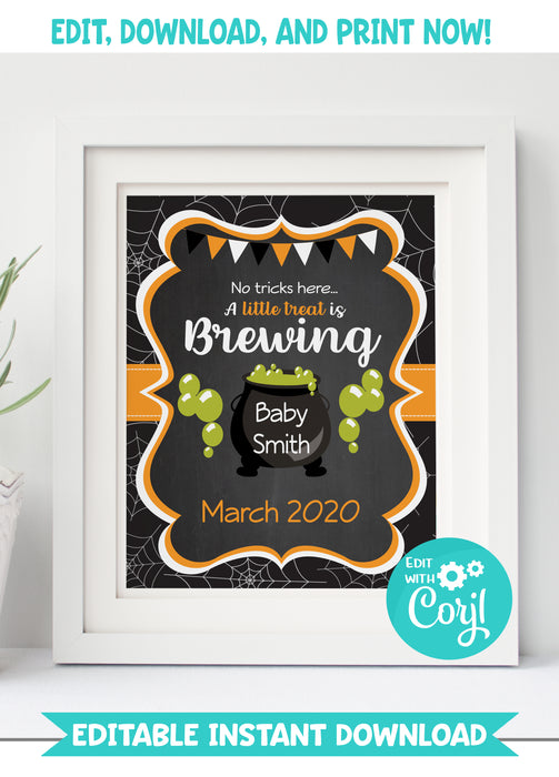 Editable Instant Access/Download Halloween Baby Brewing Pregnancy Announcement Sign 8x10-HWPA001