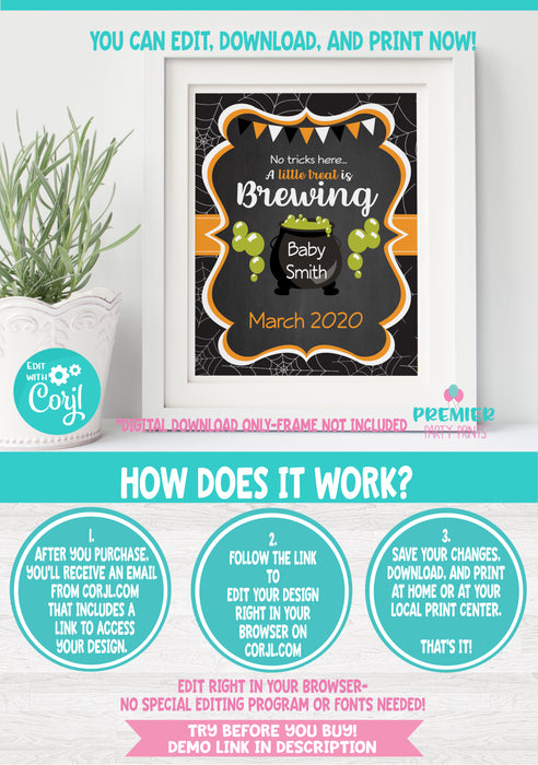 Editable Instant Access/Download Halloween Baby Brewing Pregnancy Announcement Sign 8x10-HWPA001