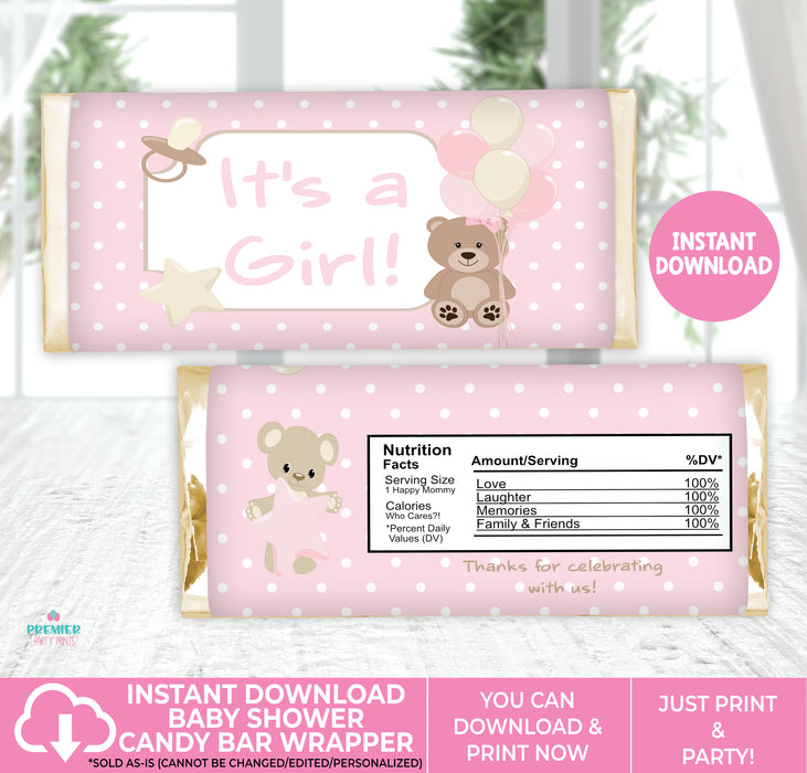 Pink Teddy Bear Baby Shower Candy Bar Wrapper