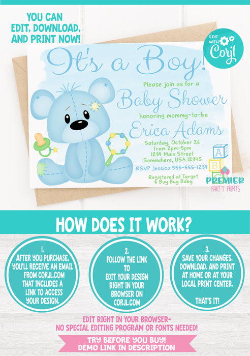 Blue & Green It's a Boy Baby Shower Invitation Instructions