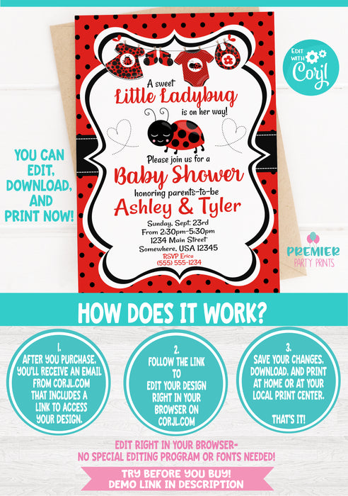  Ladybug Baby Shower Invitation Version 1