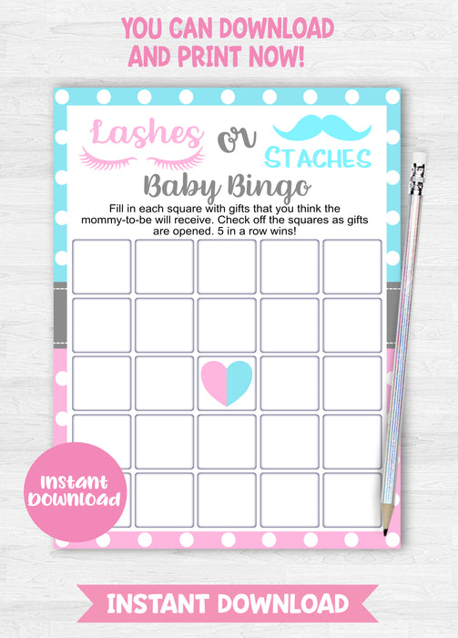 Lashes or Staches Baby Bingo Gender Reveal Game