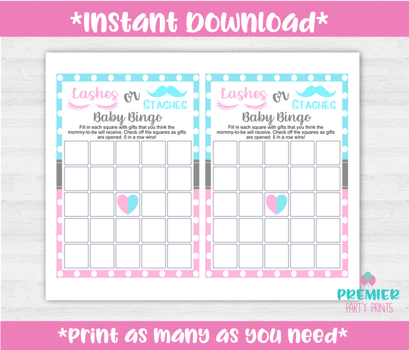 Lashes or Staches Baby Bingo Gender Reveal Game Instructions