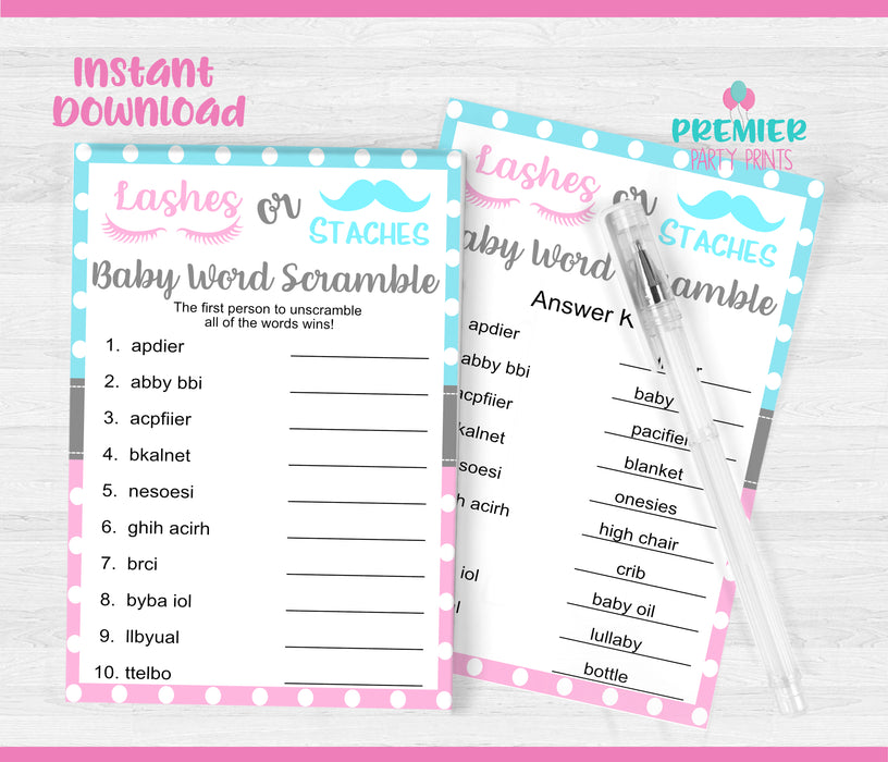 Lashes or Staches Baby Word Scramble Gender Reveal Game