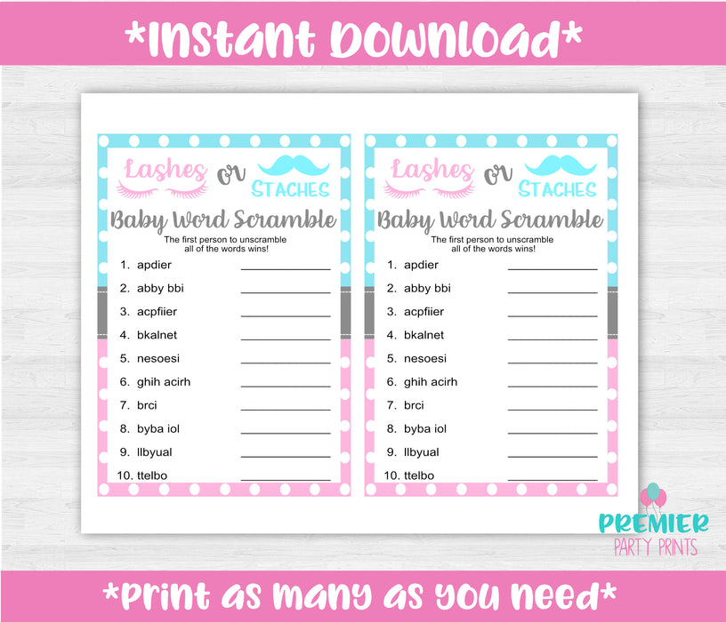 Lashes or Staches Baby Word Scramble Gender Reveal Game Instructions