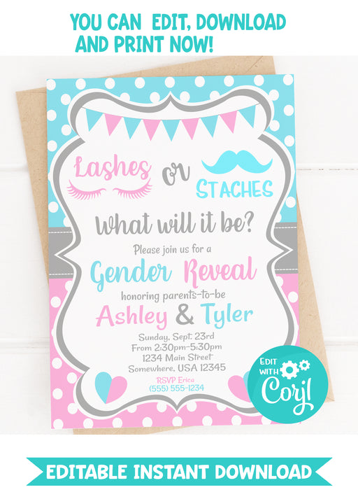  Lashes or Staches Gender Reveal Invitation Version 1