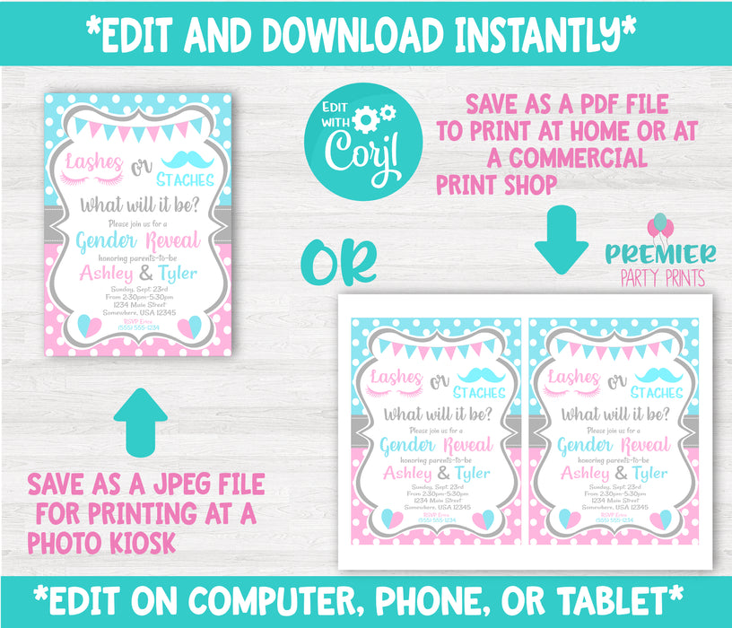  Lashes or Staches Gender Reveal Invitation Version 1 Instructions