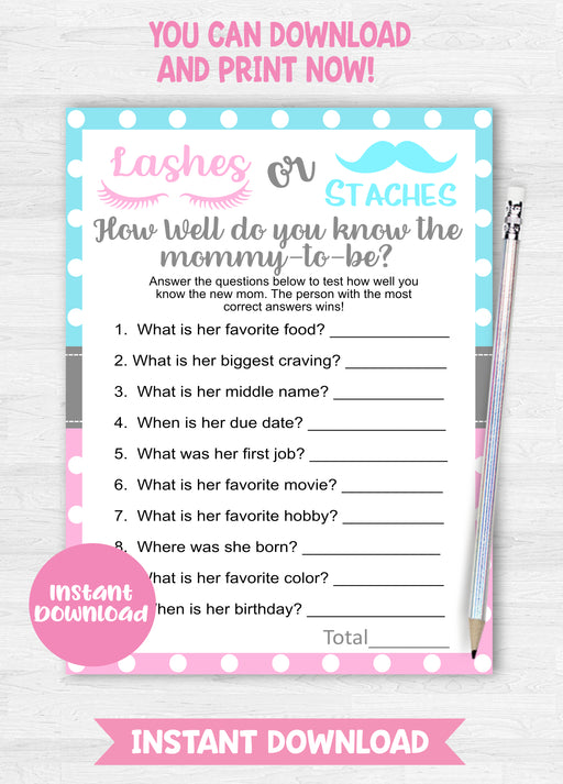 Lashes or Staches Mommy to Be Gender Reveal Game