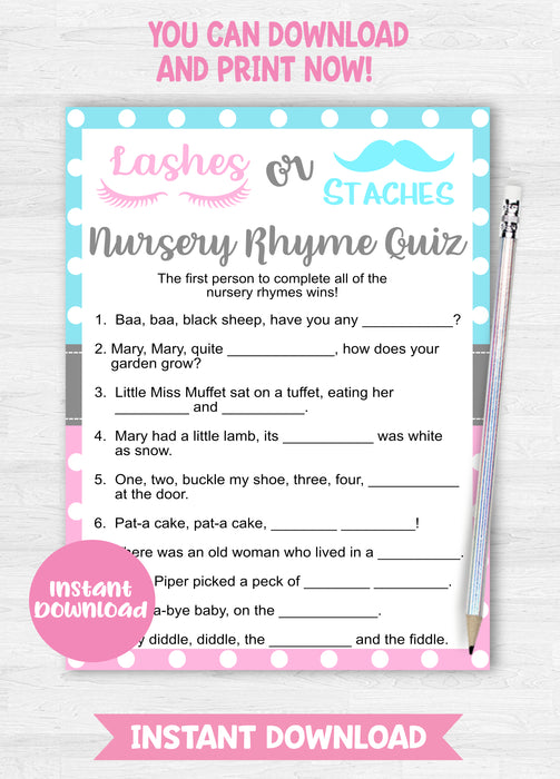 Lashes or Staches Nursery Rhyme Quiz Gender Reveal Game