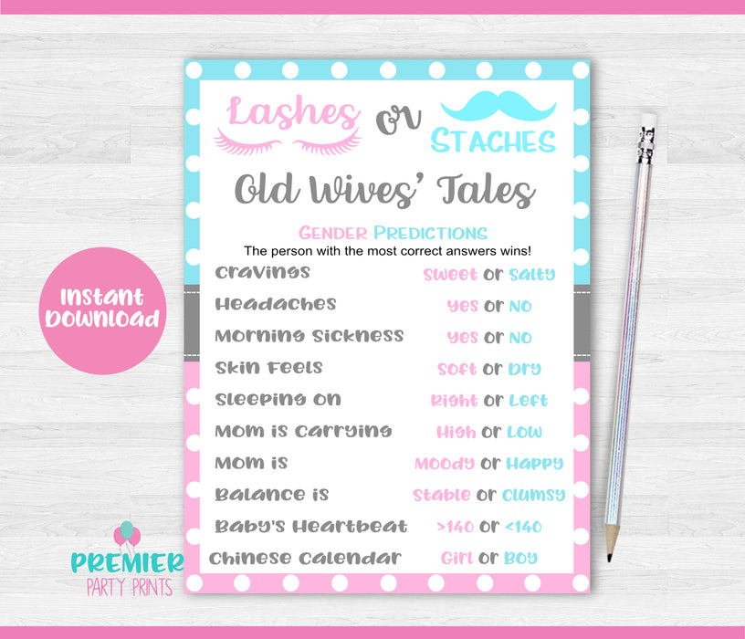 Lashes or Staches Old Wives' Tales Gender Reveal Game