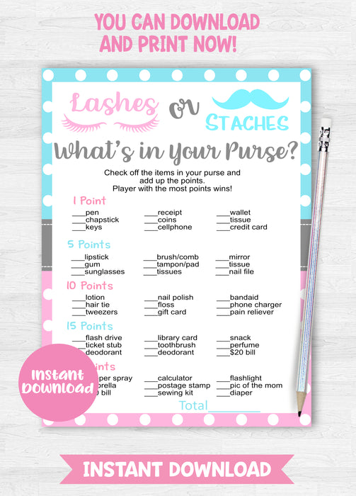  Lashes or Staches What's in Your Purse Gender Reveal Game