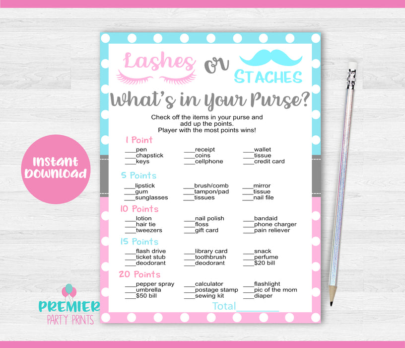  Lashes or Staches What's in Your Purse Gender Reveal Game