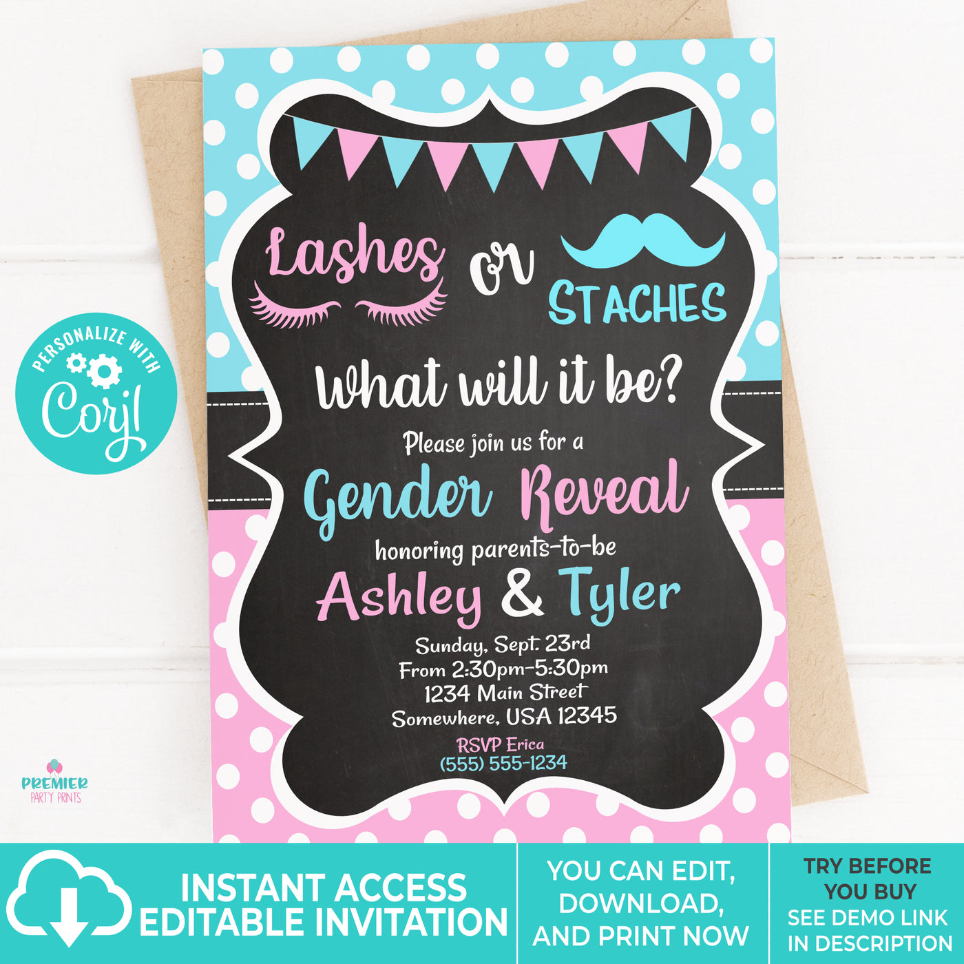 Editable Instant Access/Download Lashes or Staches Gender Reveal Invit