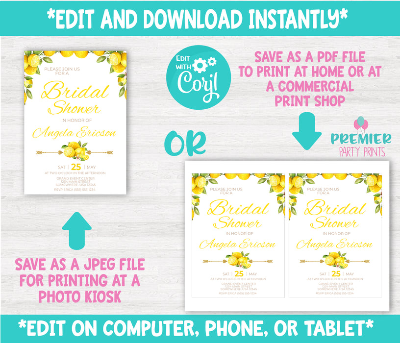 Editable Instant Access/Download Lemon Bridal Shower Invitation-BRS001