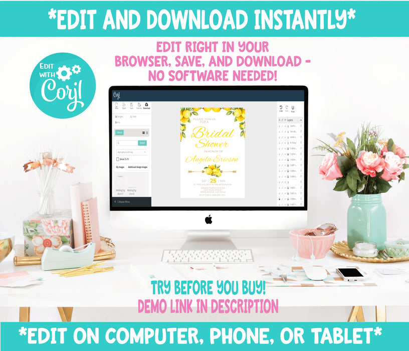 Editable Instant Access/Download Lemon Bridal Shower Invitation-BRS001